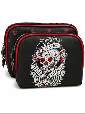 Ed Hardy Black & Red Skull Graphic Cosmetic Bag Set
